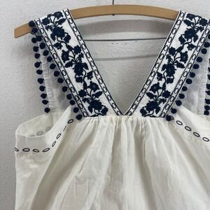 J. Crew Embroidered Cotton Pom Pom V Neck Tank Top Size 14 Black White Chic